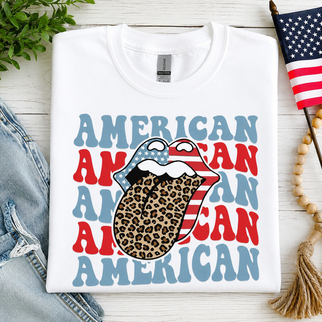 "American" With Cheetah Print Tongue Tee