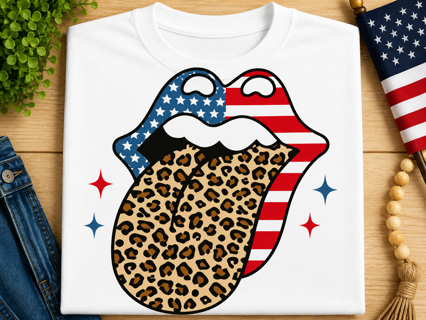 Red, White, Blue & Cheetah Tongue Graphic Tee